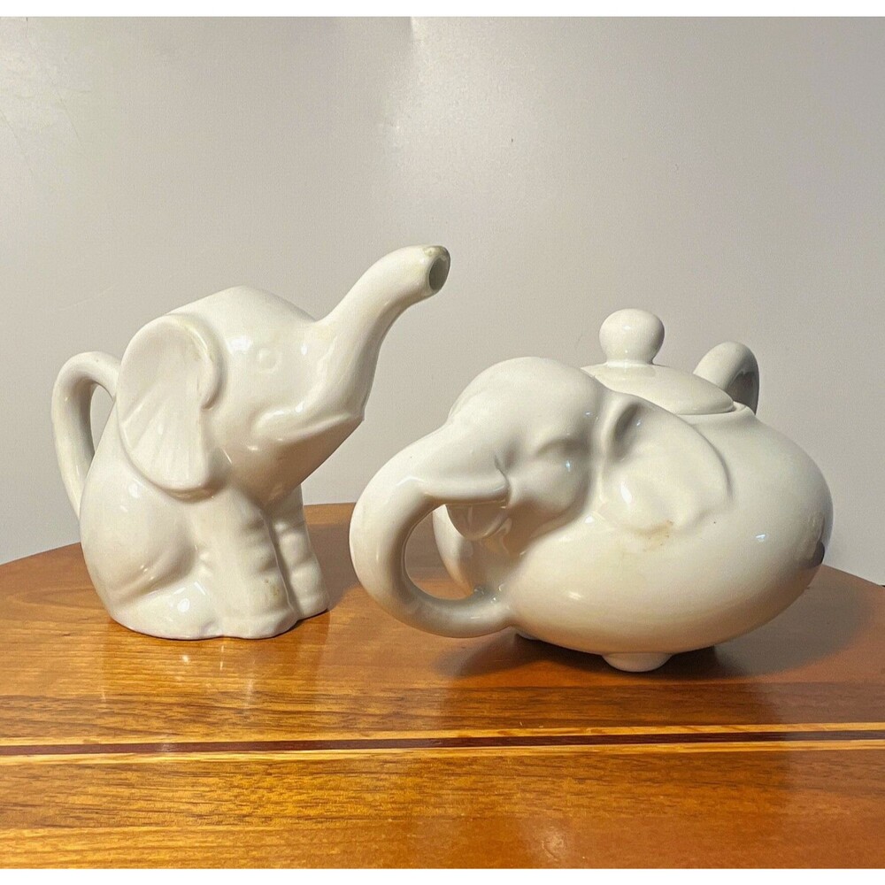 Adorable Elephant Tea Set: White Ceramic Sugar Bo w/ Lid & Matching Creamer, 2pc
